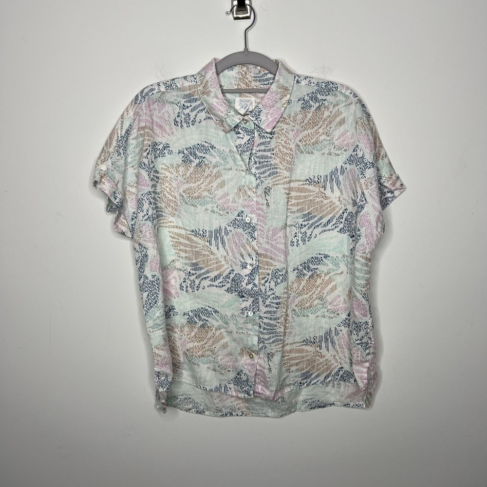 Sigrid Olsen Button Up Shirt Womens Medium Multicolor Linen‎ Short Sleeve Top